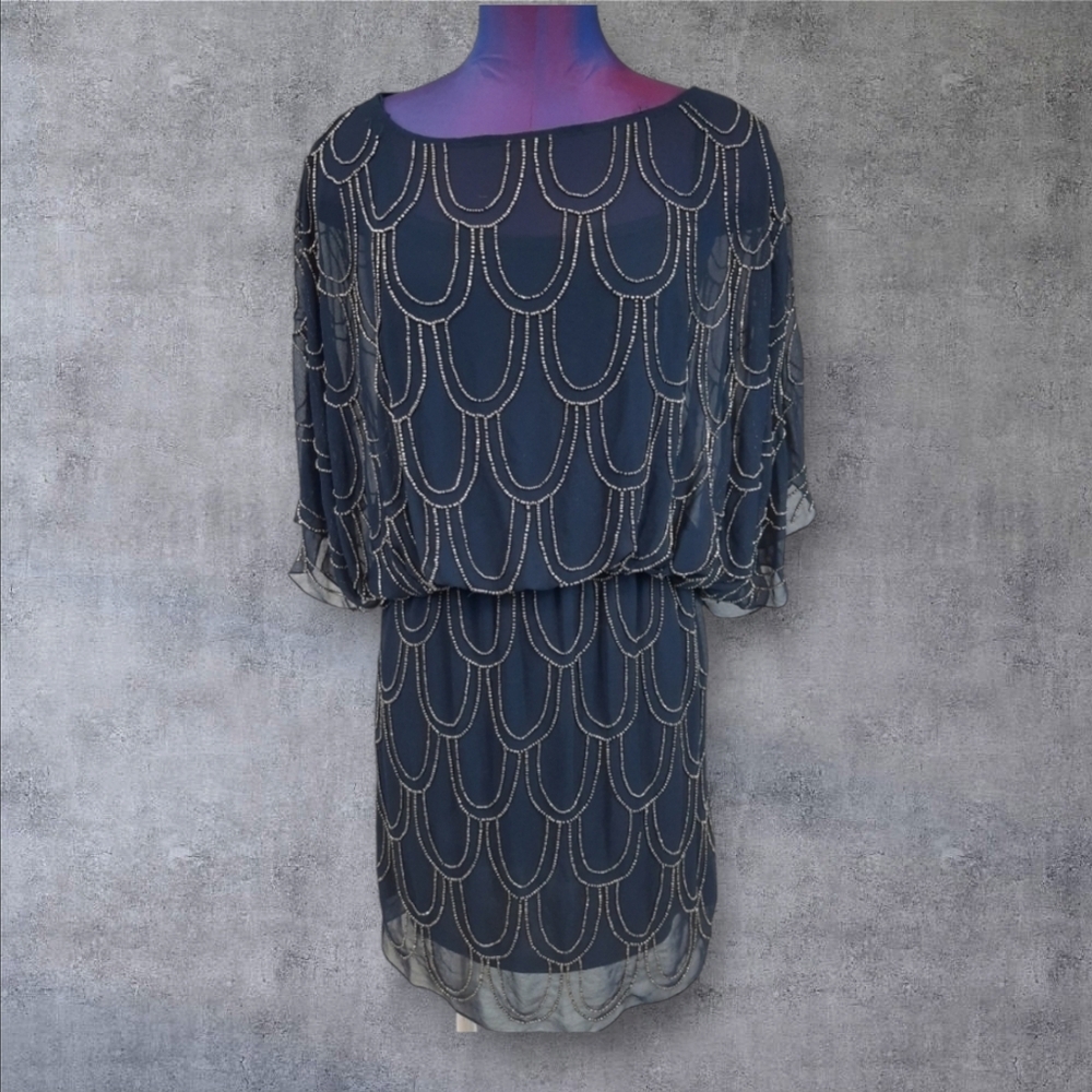 Cache Beaded Blouson Navy Chiffon Cocktail Dress Size 2 Women's O57